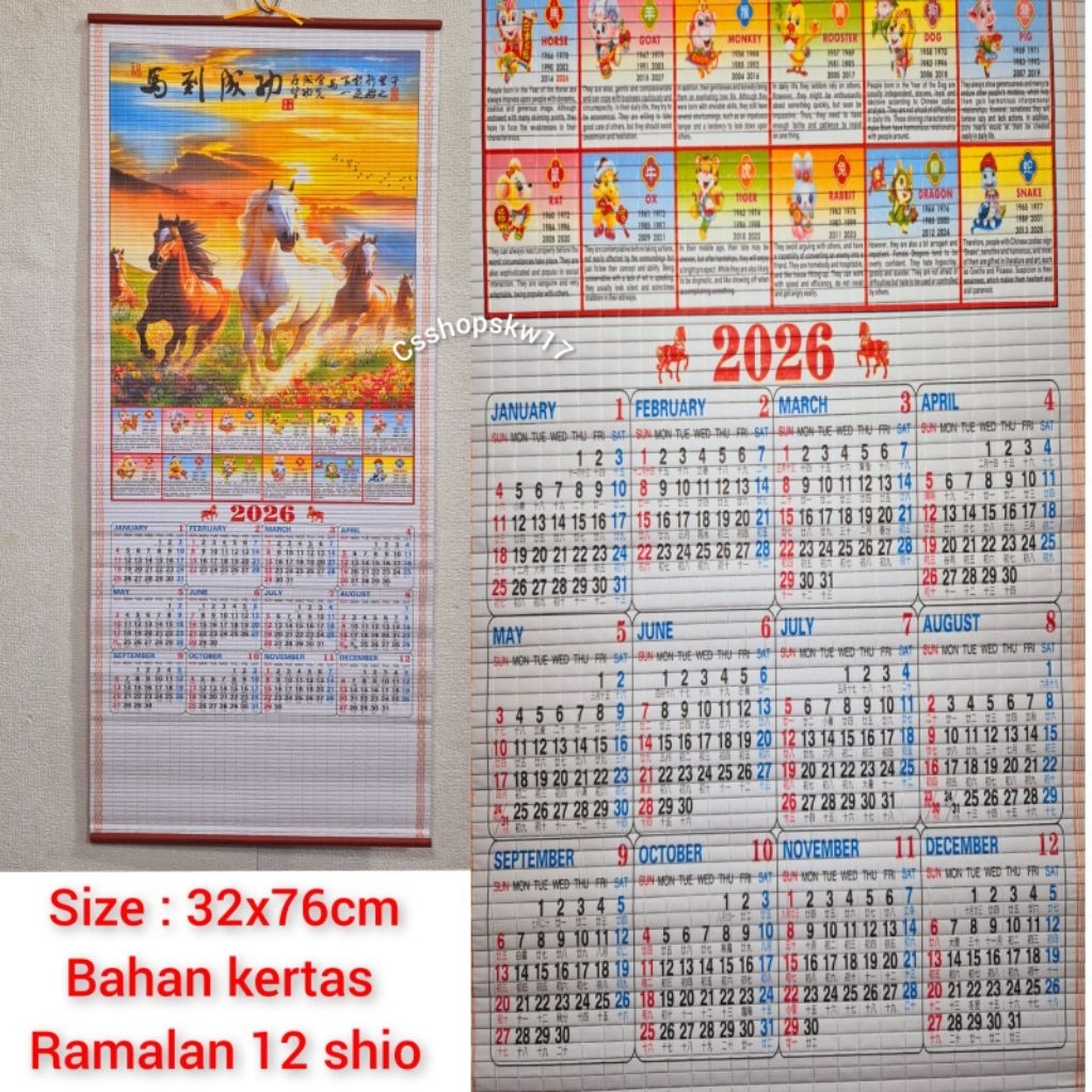 Kalender Gulung Lukisan Motif Kuda Gambar 12 Shio Tahun 2026