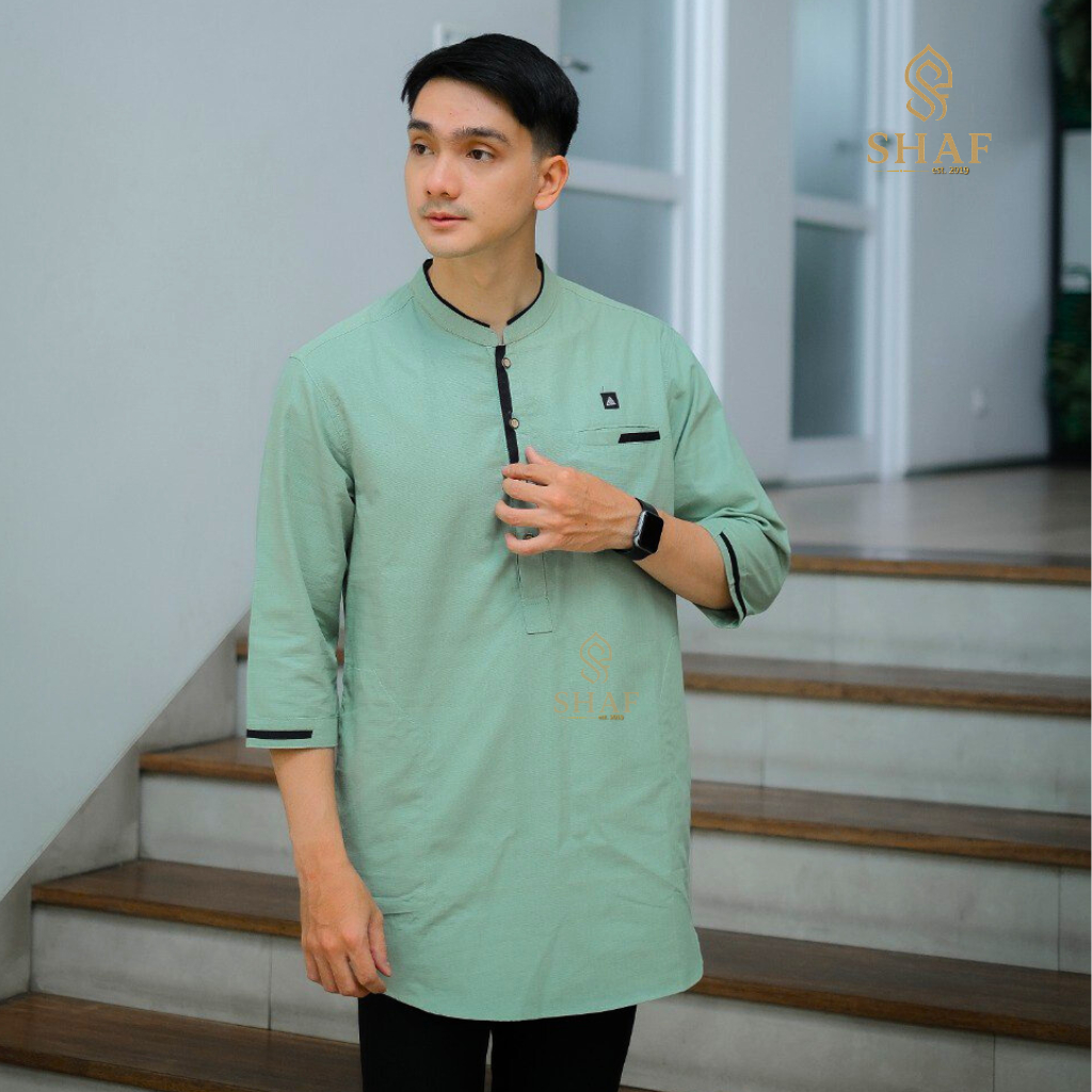 Baju koko kurta pria dewasa lengan 3/4 atasan muslim bahan premium original warna Hijau sage mint