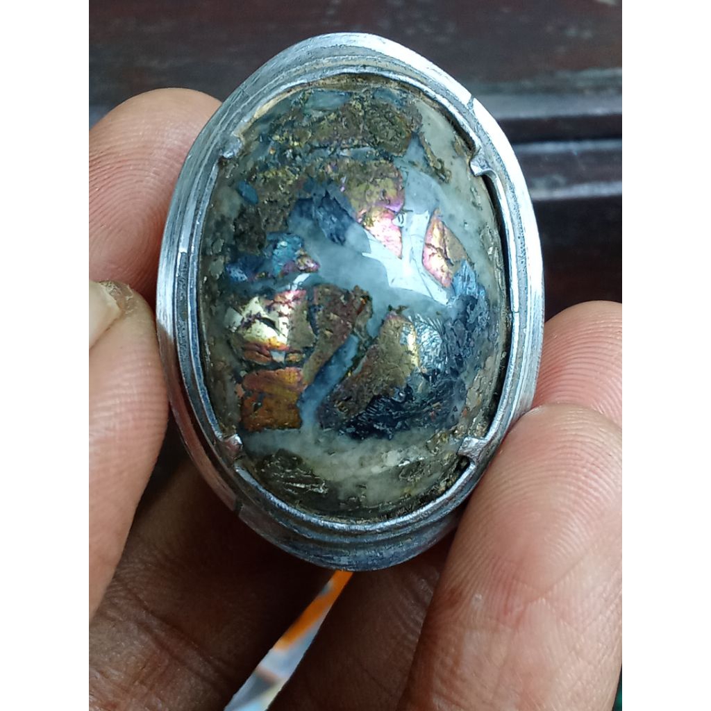 Natural Akik Pyrite Multicolour Ring Monel