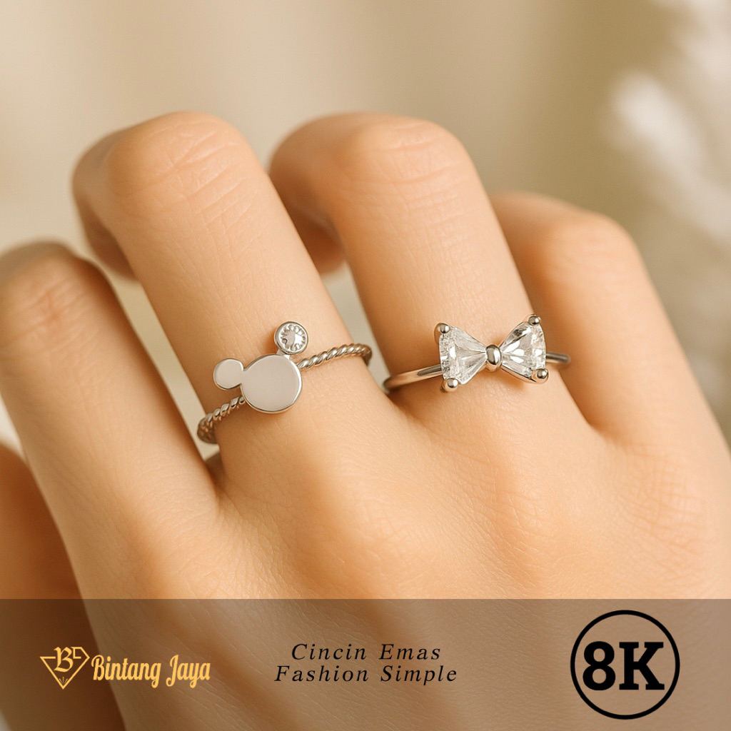 Set Cincin Emas Model Pita & Mickey Mouse by UBS - Whitegold 8K