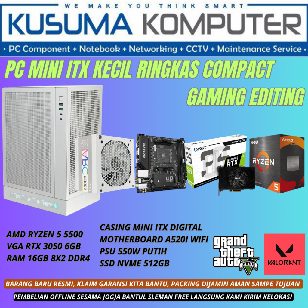 PC Mini ITX Pc Kecil Compact AMD Ryzen 5 5500 RTX 3050 6GB SSD 512GB NVMe