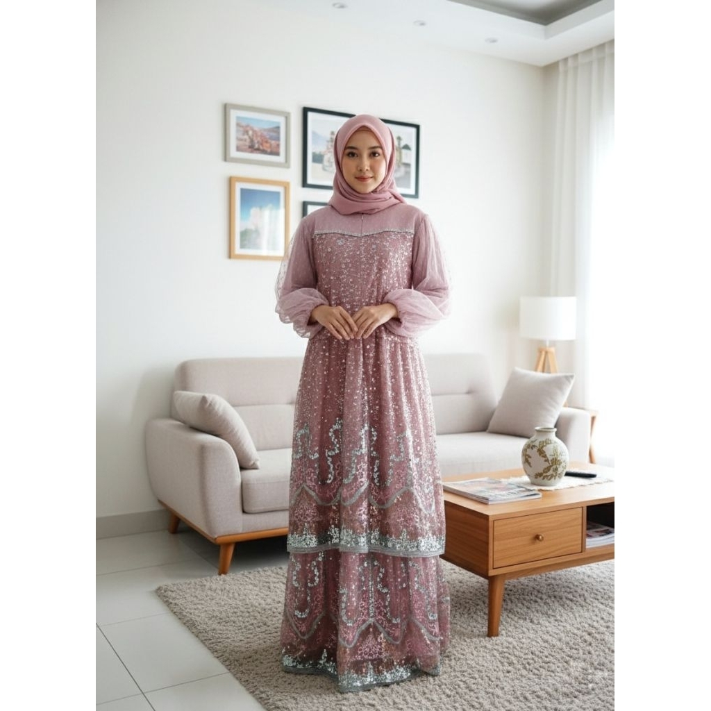 Ramadhan Collection | Maryam Gamis Brukat Mewah Malay Berpayet Tile Seribu Lengan Balon Warna Pink