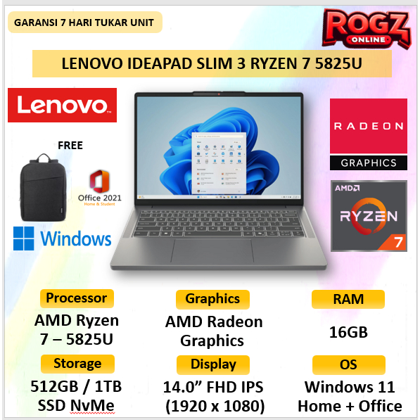 Lenovo Ideapad Slim 3 Ryzen 7 5825U 16GB 512 SSD W 11 + OHS 14.0 Inch IPS Panel