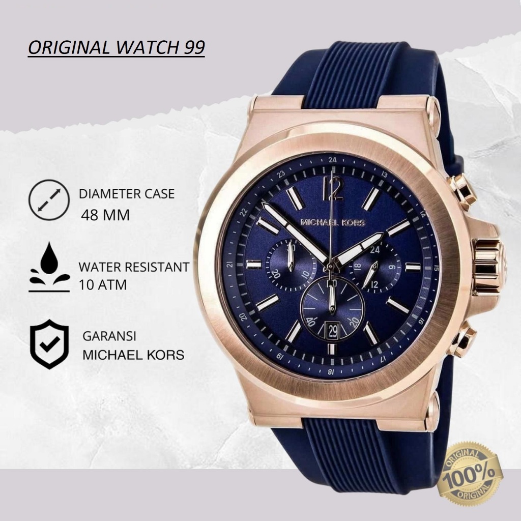 100% ORIGINAL Jam Tangan Pria Michael Kors Dylan MK8295 Blue Rubber Strap Biru Dial Chronograph Spor