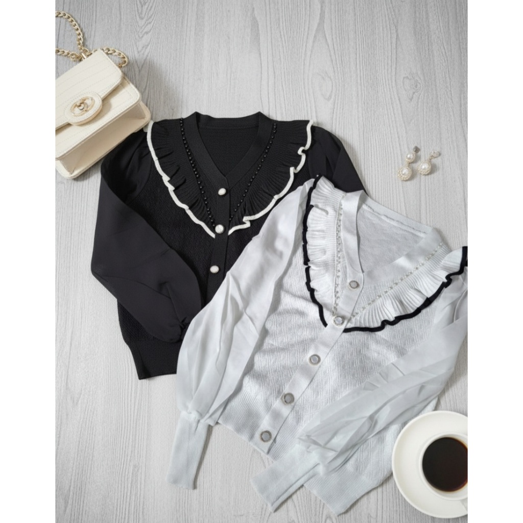 CARDIGAN BLOUSE RAJUT LENGAN BALON MUTIARA RUFFLE KOREAN STYLE