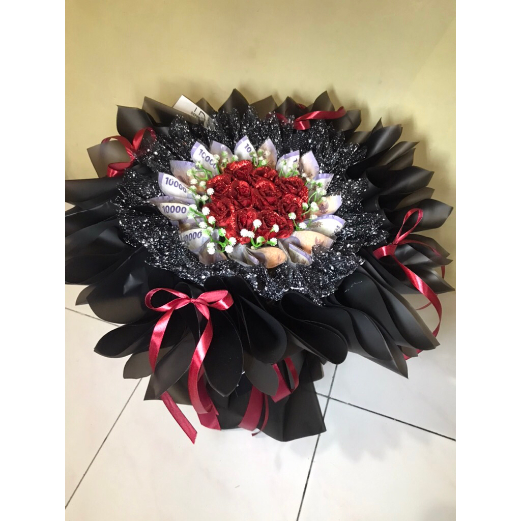 Round Buket Bunga Mawar Gliter & Uang 10k x 10 lembar | Bisa Request | DEPRO_ID