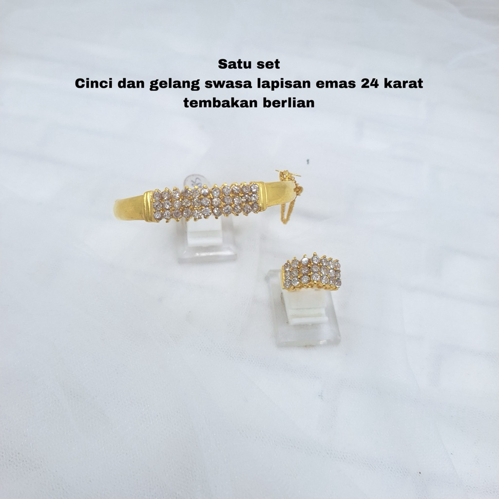satu set gelang dan cincin suasa atau swasa lapisan emas 24k atau mirip emas banjar permata tembakan