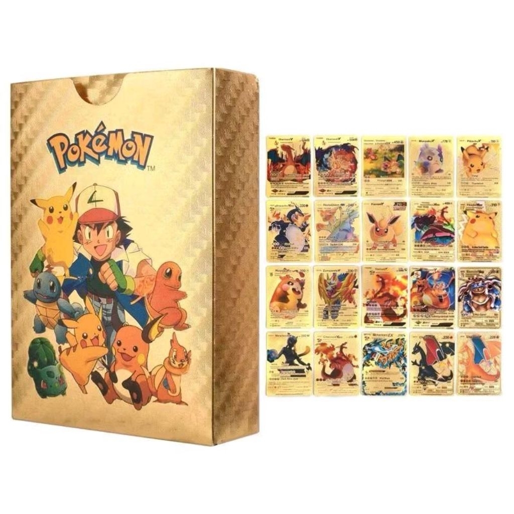 55pcs Pokemon Gold Card Charizard Kartu Pokemon Gold bahasa inggris charizard pikachu pelatih permai