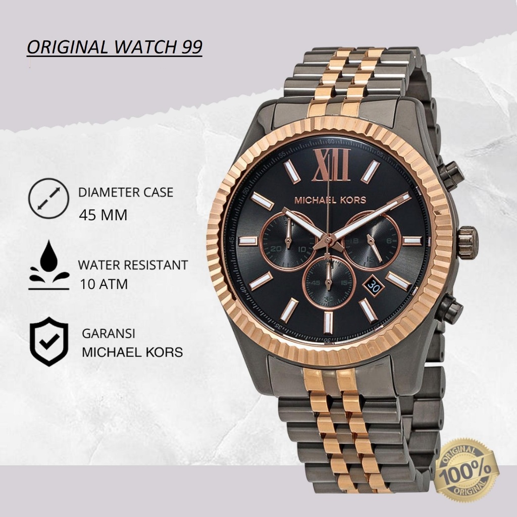 100% ORIGINAL Jam Tangan Pria Michael Kors MK8561 Lexington Chronograph Grey Gold Stainless Steel St