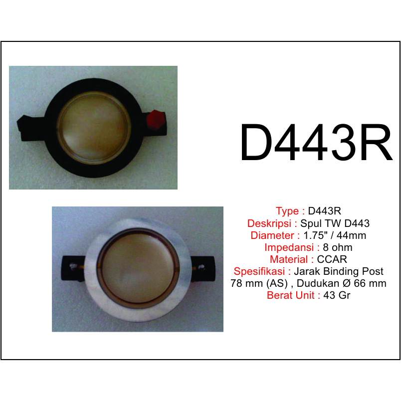 SPUL TW : VOICE COIL, DIAPHGRAM, SPUL TWEETER 1.75" 443R