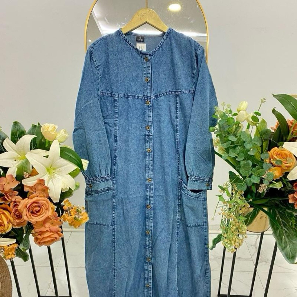 Angelina gamis jeans polos wanita dewasa