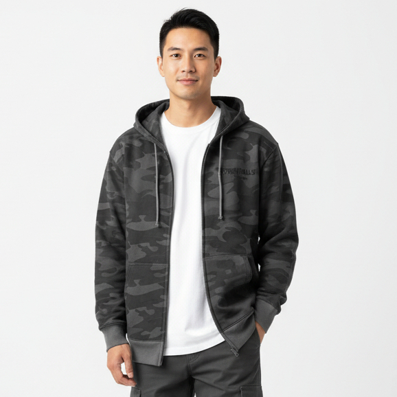 Jaket Zipper Hoodie Essentials Fear Of God Camo Fulltag & Label Premium