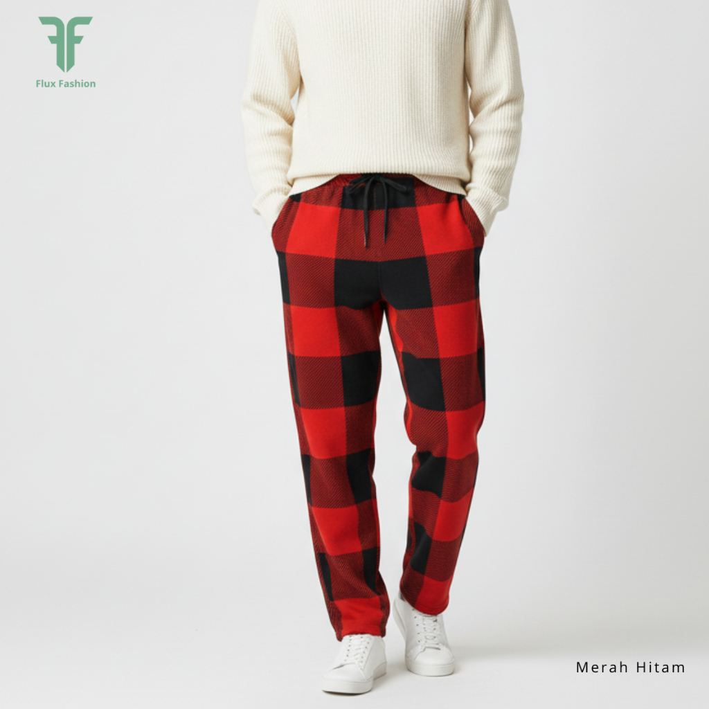 Celana Panjang Pria Tartan Premium Kotak Flanel Polar Fleece Merah | Pria Wanita