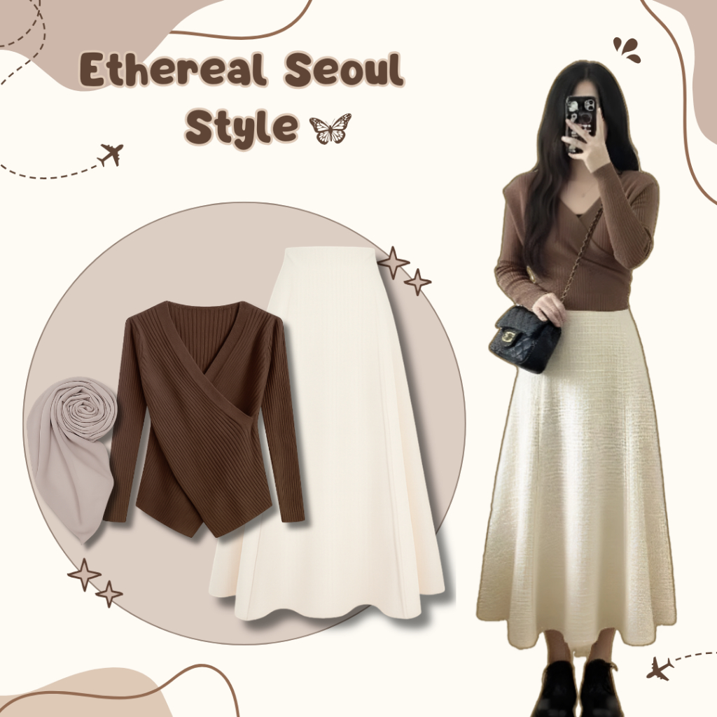 Ootd Korean Style - Hijab Bella Square + Blouse Rajut + Rok Hyget - Setelan Remaja Hijab