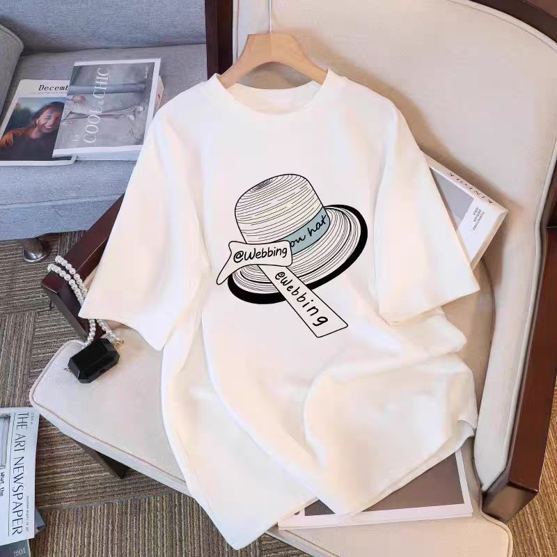 COD Kaos Putih Motif Topi Jerami & Huruf "Webbing", Katun Santai Musim Panas, Gaya Unik