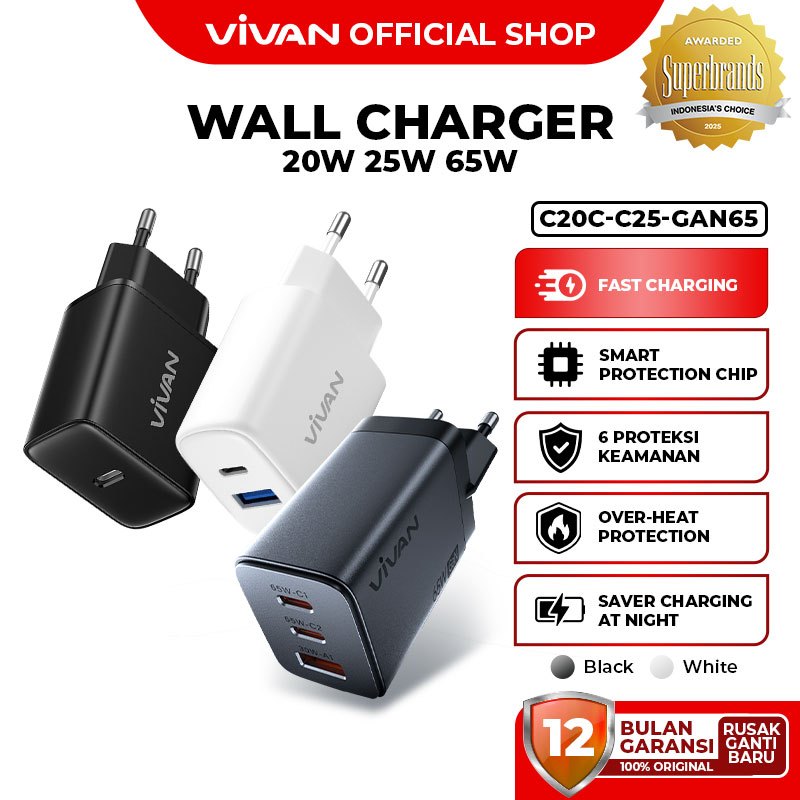 [ Free Cable ] VIVAN Adaptor Kepala Charger for iPhone Samsung Huawei Xiaomi Realme Type C USB Light