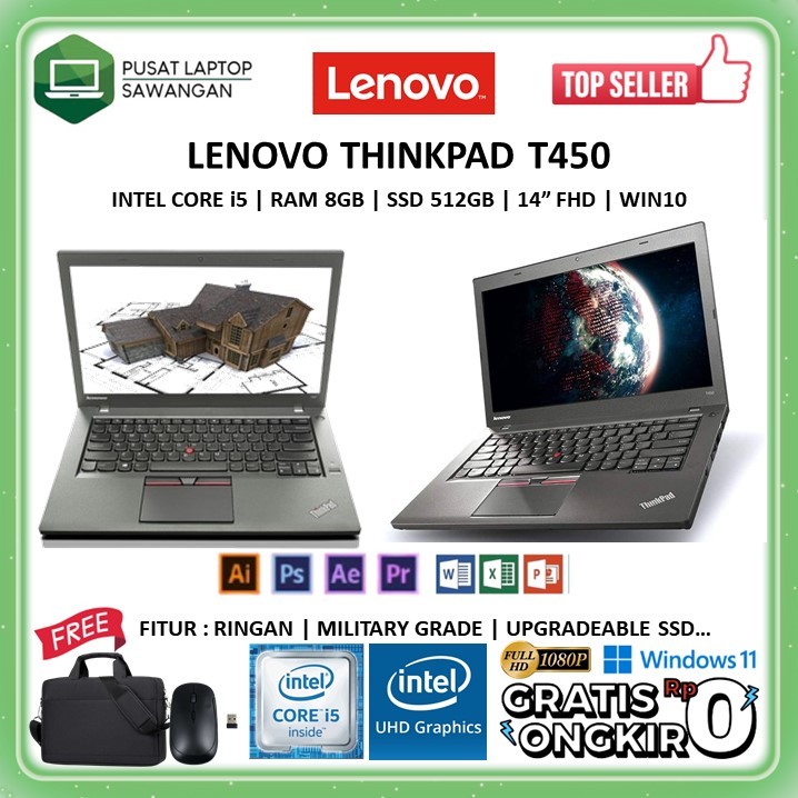 LAPTOP LENOVO THINKPAD T450 INTEL CORE I5 5300U 8GB 256GB WIN 10 PRO