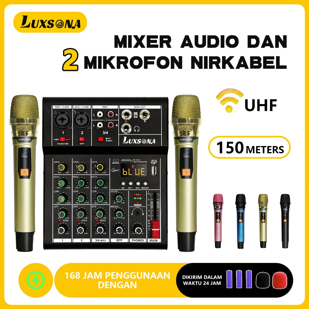 Mixer audio 4 chanel + 2 UHF Mikrofon/Mixer Mini/ixer audio murah/premium Amplifier Bluetooth mikser