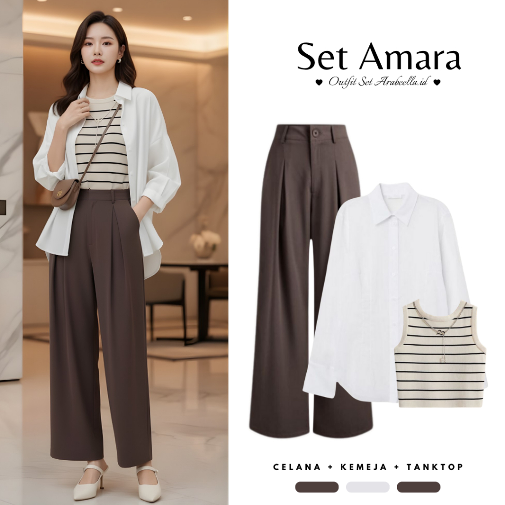 Setelan Wanita Amara ( Celana Kulot + Kemeja Oversize + Tanktop Stripe ) One Set Korean Style Simple