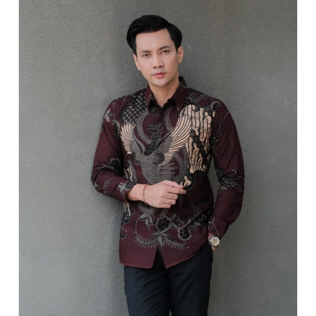 kemeja batik pria lengan panjang slimfit merah hati atasan batik pria kantor kondangan remaja pria