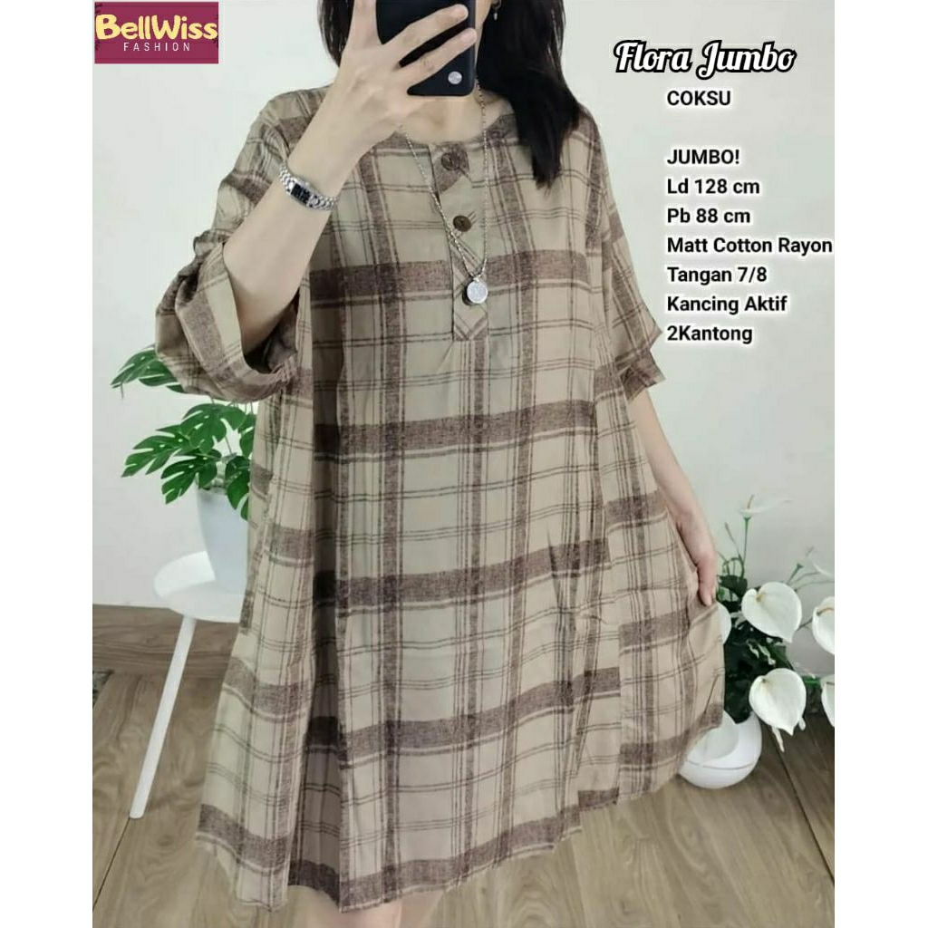 FLORA JUMBO BLOUSE TERBARU/TUNIK WANITA CASUAL OVERSIZE KOREAN STYLE/BLUS COTTON RAYON MOTIF KOTAK L