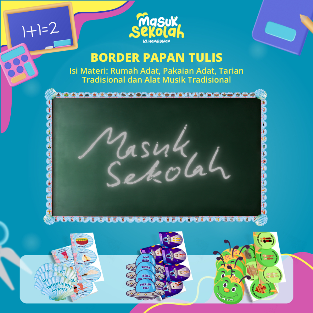 Hiasan Pinggir Papan Tulis (Border) dengan Gambar Kebudayaan: Alat Musik, Tarian, Rumah Adat, dan Pa
