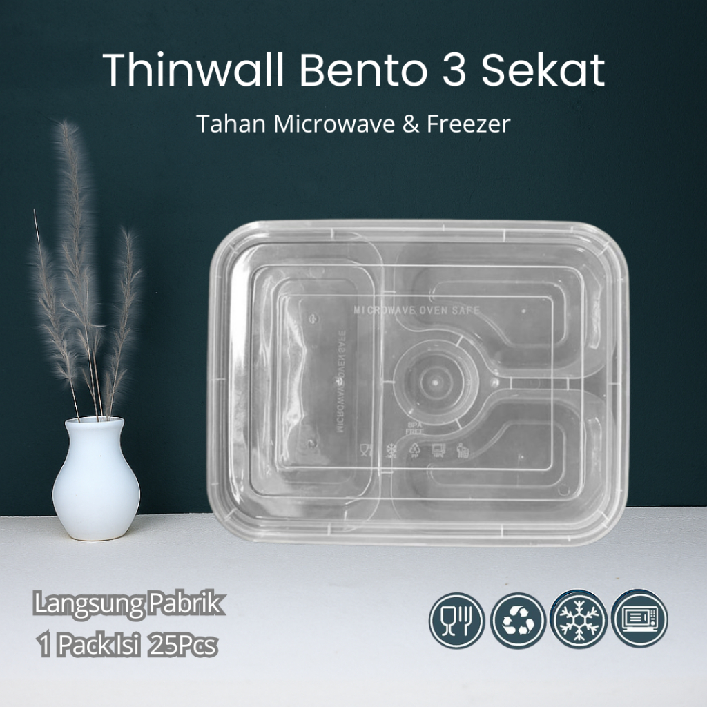 Thinwall Bento Sekat 3 Plastik - Food Container Bento Thinwall Premium