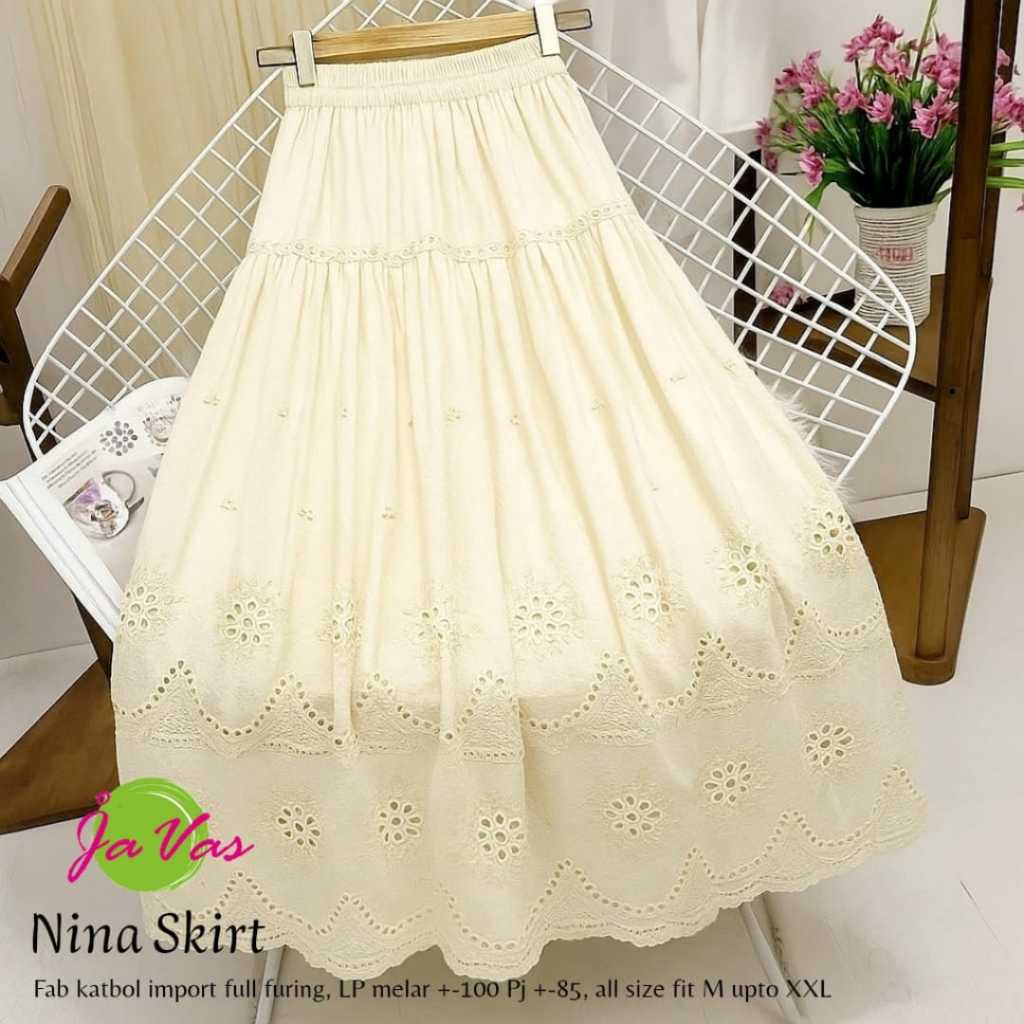 NINA SKIRT ROK PANJANG BORDIR KATUN BOLONG FULL FURING