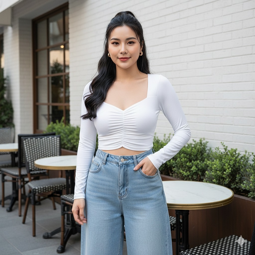 Crop Top Lengan Panjang Wanita Kerut Tengah Korea styel - crop top wanita