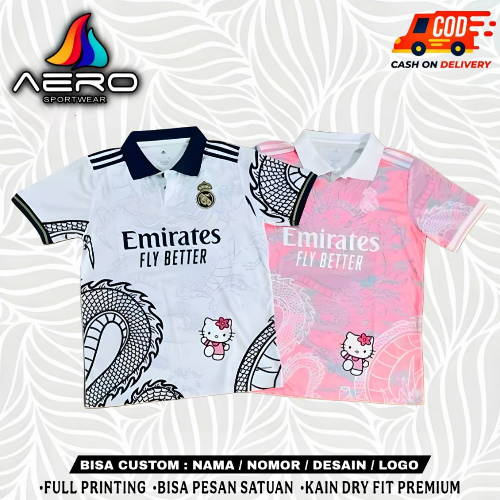 JERSEY REAL MADRID PINK DRAGON X HELLO KITTY FREE NAMA & NOMOR