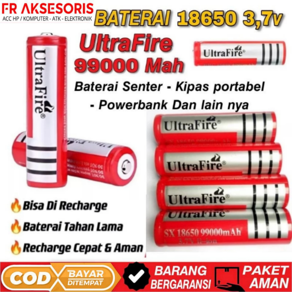 baterai 18650 ultrafire 99000mah 3,7v Baterai Cas Baterai senter kipas
