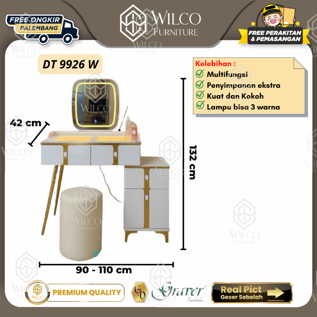 Meja Rias LED DT 9926 White | Lemari Hias Kaca Kosmetik | Meja Hias Kamar Tidur Minimanis