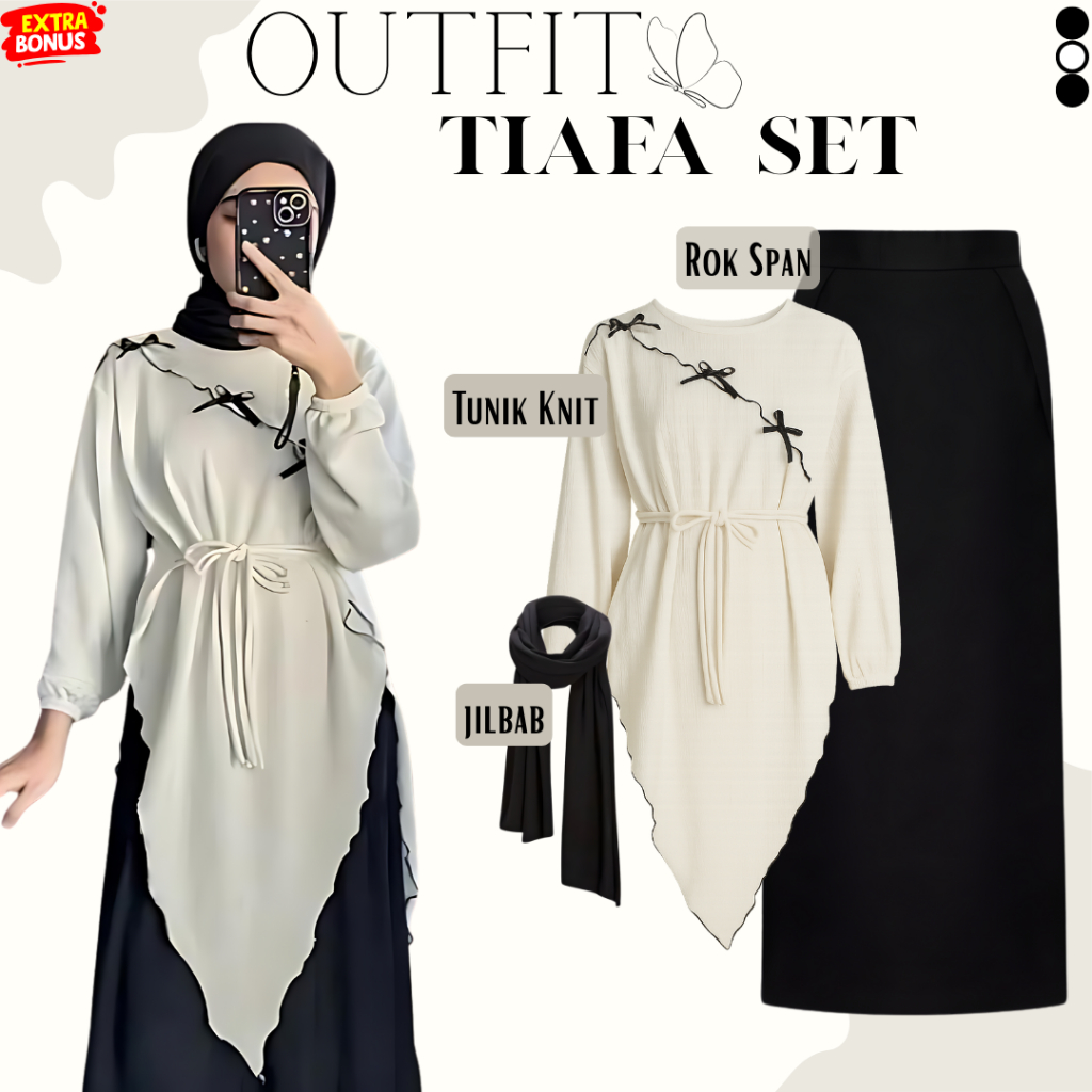 Tiafa Set Outfit Wanita Hijab ( Tunik Knit + Rok Span + Jilbab ) Setelan OOTD Muslimah Kekinian