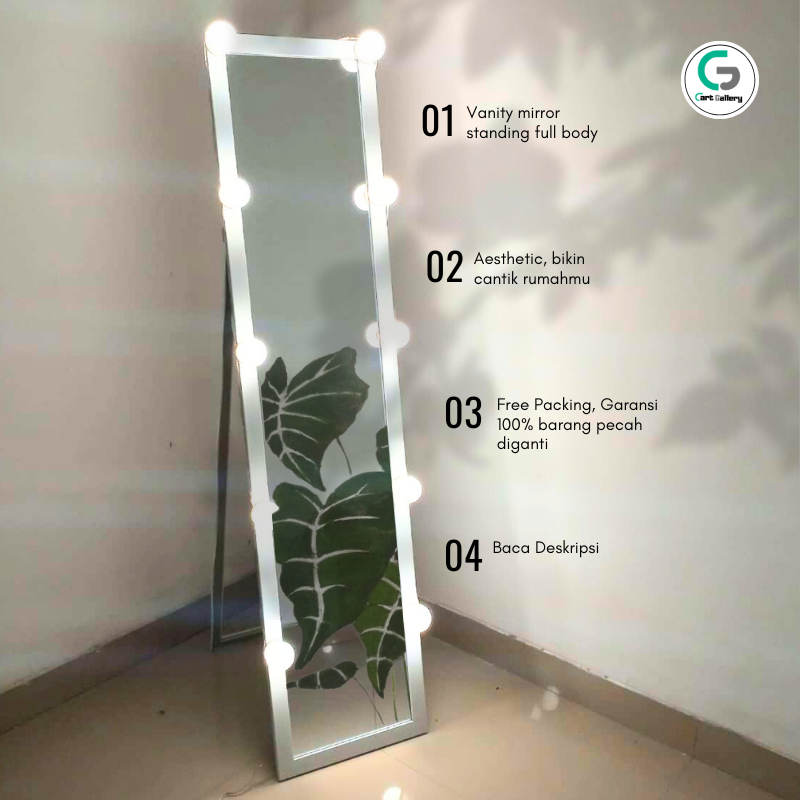 Kaca Cermin Standing Vanity Lamp LED  Mirror Aesthetic Besar Kotak Bingkai Kayu Gantung Dinding Lamp