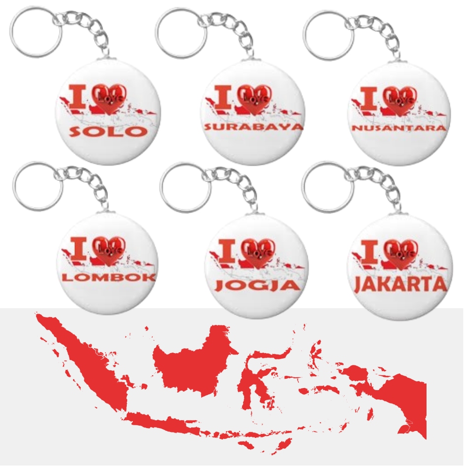 Pin Gantungan Kunci Bulat I Love Indonesia Rubber Keychain Ukuran 44mm dan 58mm Souvenir Pin Peniti 