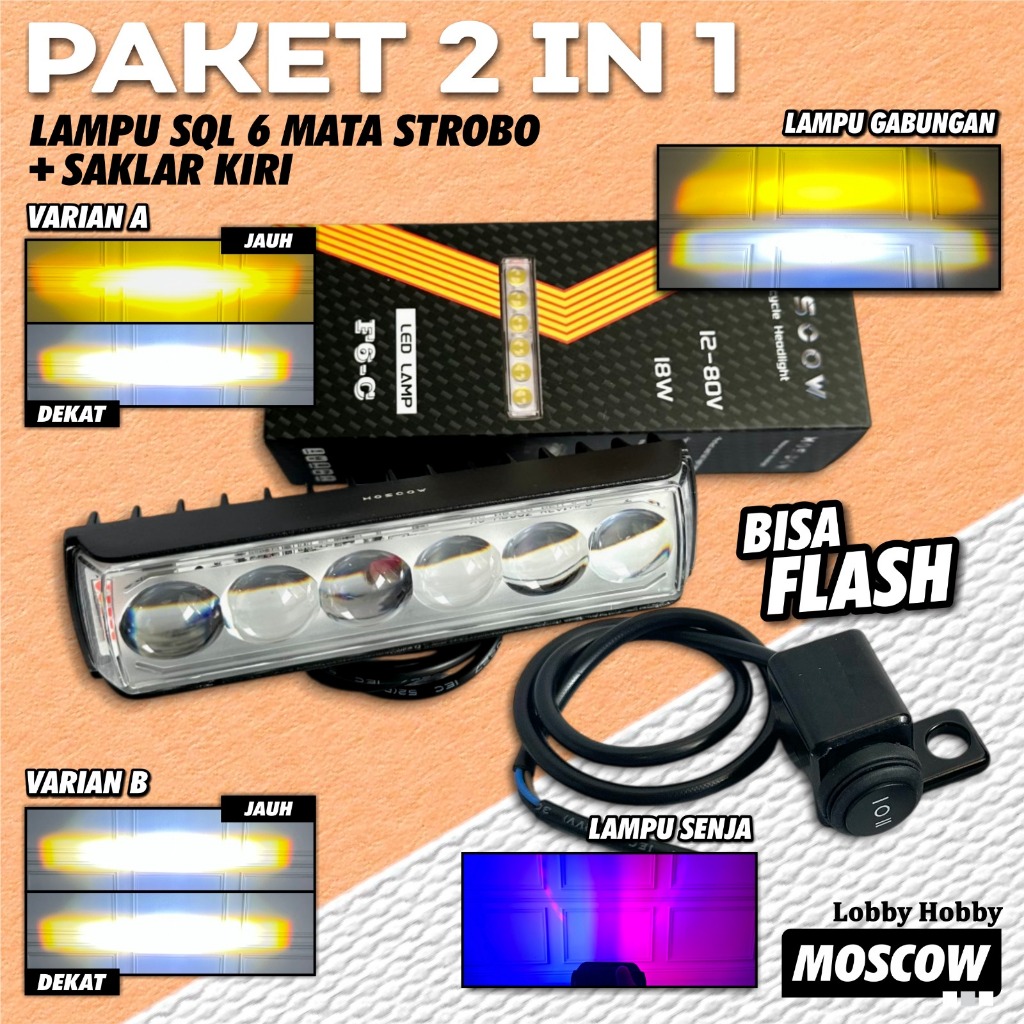 PAKET MURAH LAMPU MINI FOGLAMP 6 MATA LENSA 6 MODE HI LOW FLASH DEVIL STROBO DOUBLE COLOR PUTIH KUNI