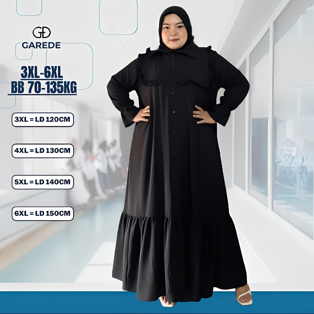 Garede - Gamis Jumbo LD 120 130 140 150 Polos Premium Mewah Lebaran Kondangan Terbaru Abaya Hitam