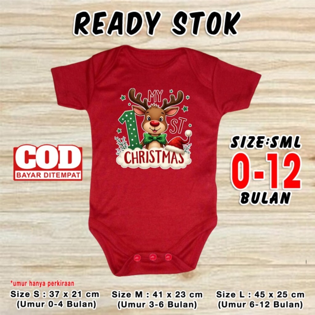 Baju Natal Bayi MY FIRST CHRISTMAS Deer Jumper Baby Merah Rusa Romper Bayi Lucu Kaos Polos Bayi Set 