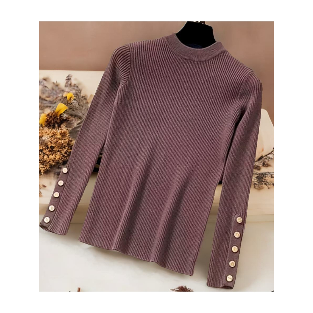 Manset Rajut Wanita Kancing Gold Lengan Panjang / Atasan Rajut Turtleneck Wanita Lengan Panjang Prem