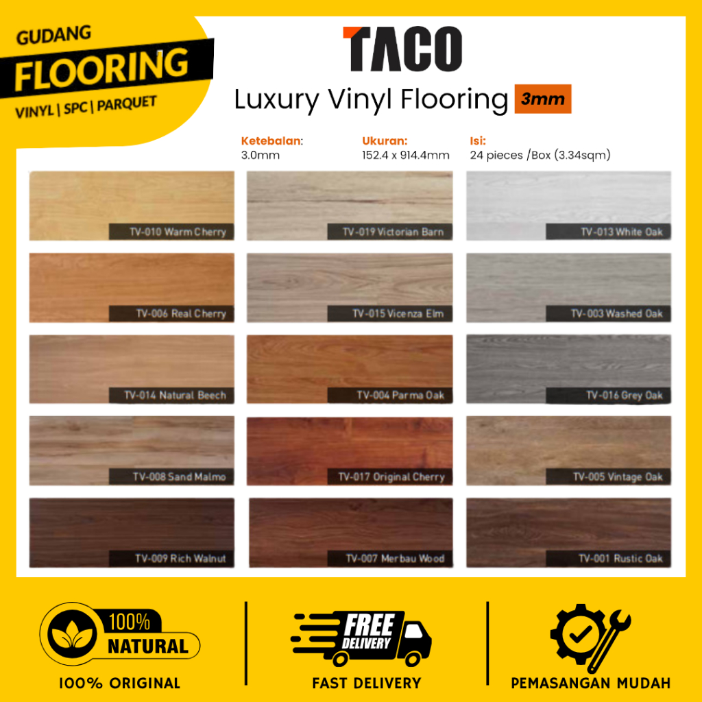 TACO Vinyl Lantai 3mm - Vinyl Plank TACO Tebal 3mm Motif Kayu