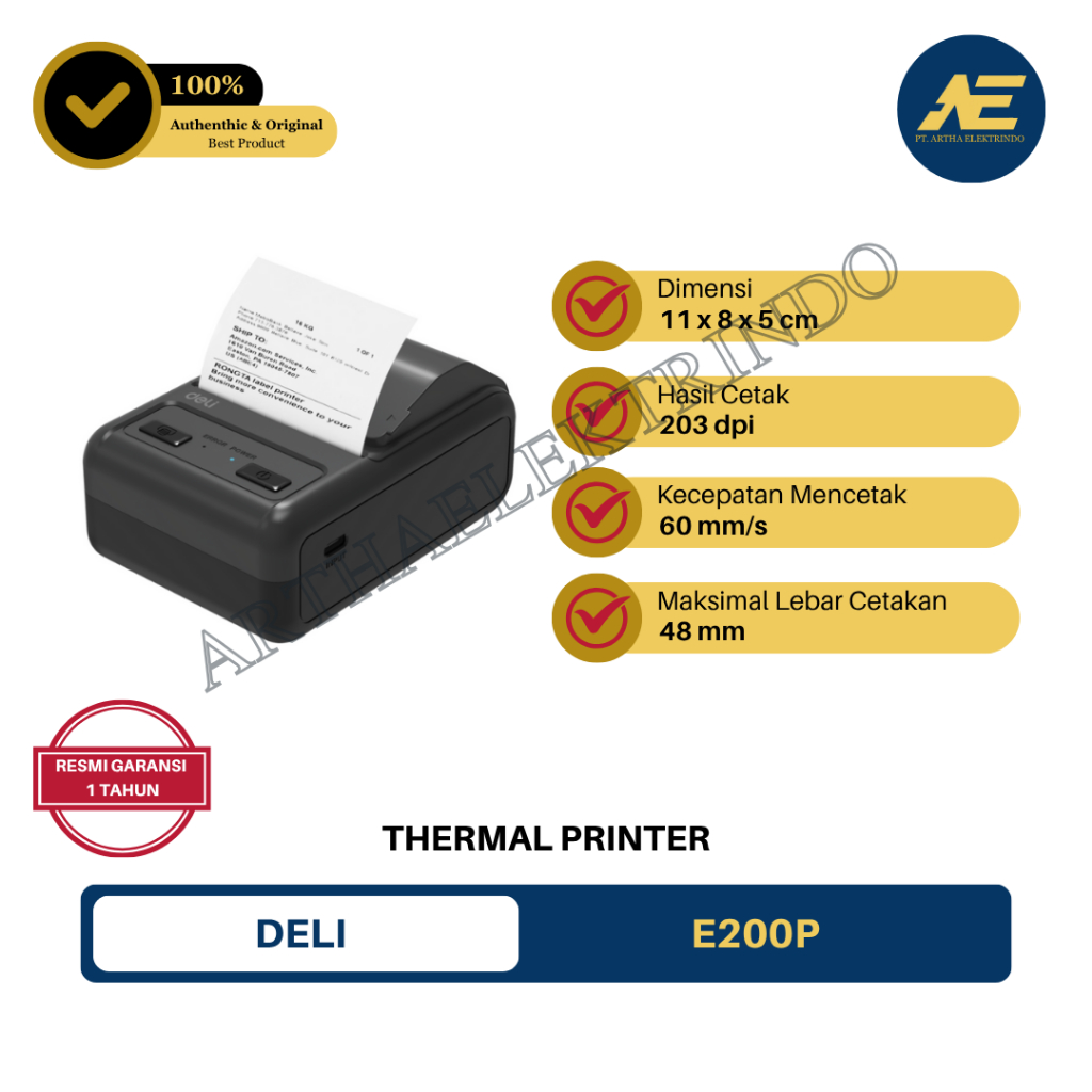 Deli Portable Thermal Printer / Mesin Pencetak Struk Kasir Inkless Fast Printing E200P Label - E200P