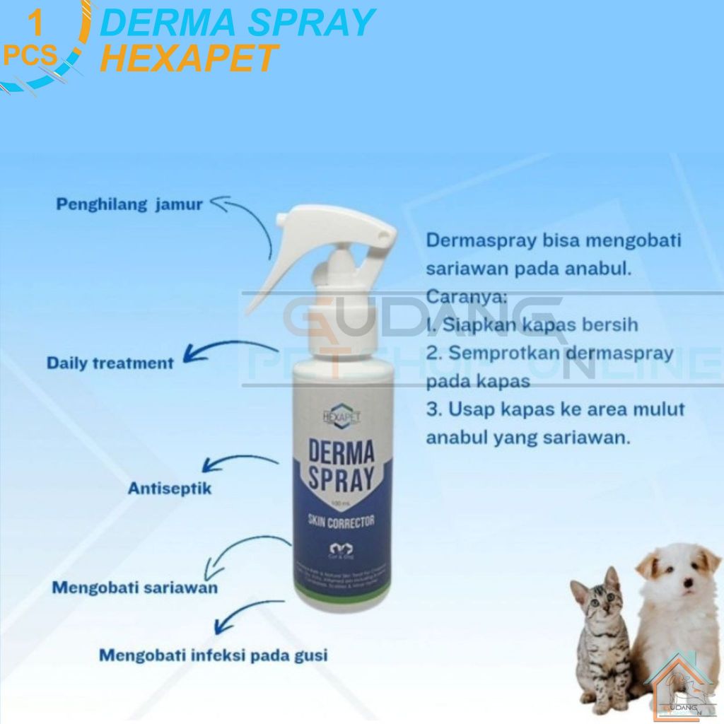 DERMA SPRAY 100ML Obat Anti Jamur Untuk Hewan Kucing Anjing Obat Antiseptik, Sariawan, Mengobati Inf
