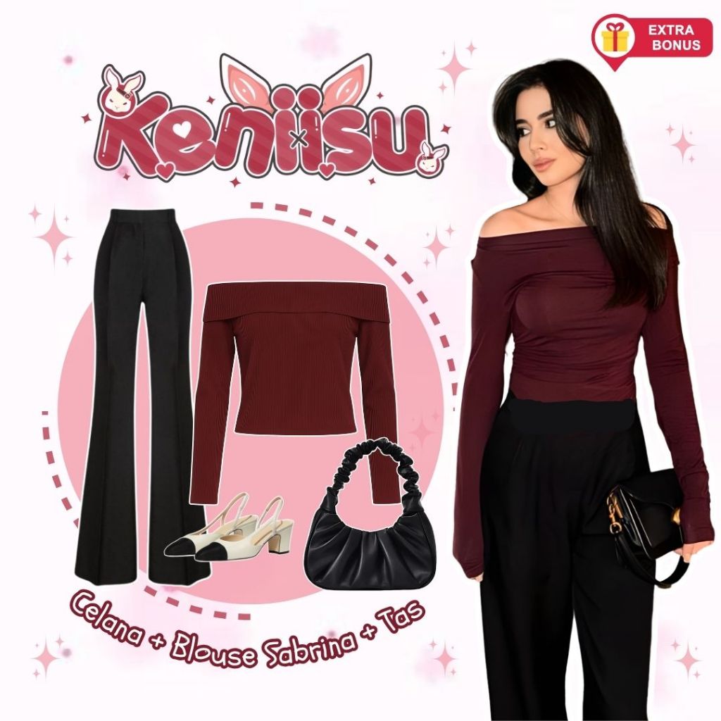 One Set 3in1 Blouse Sabrina Celana Cutbray Scuba Shoulder Bag Tas Kerut | OOTD wanita cewek modern s