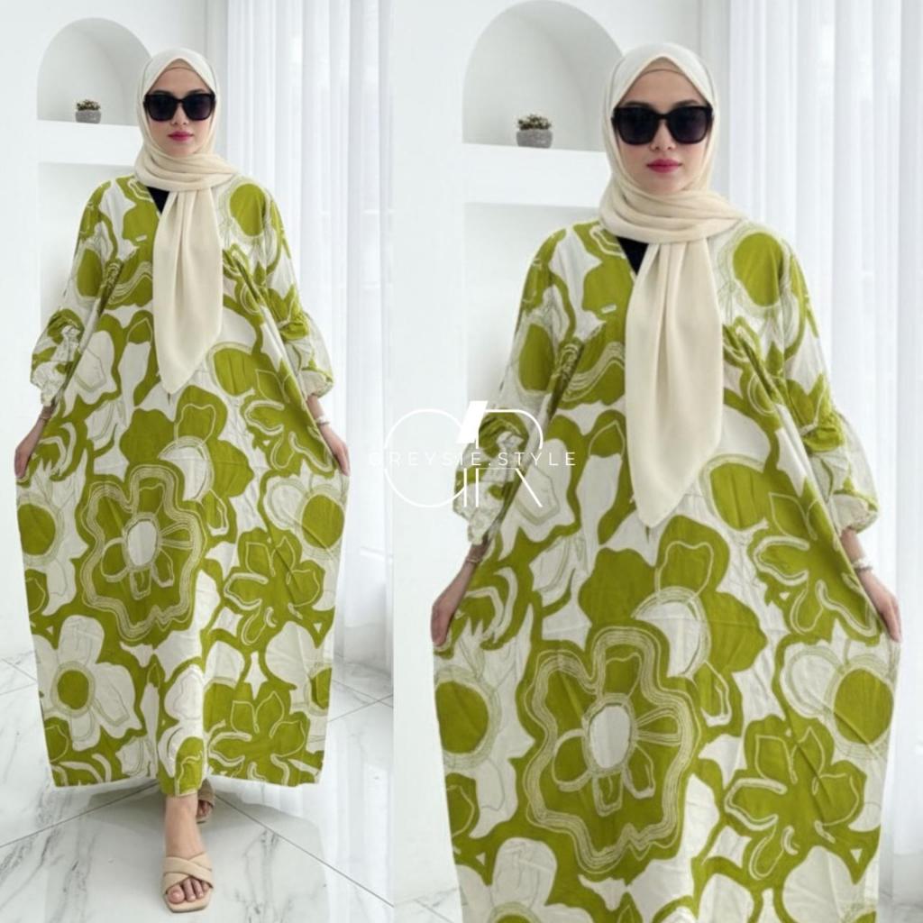 Daster Motif Rayon Premium Terbaru Lengan Lonceng Dress V Neck Resleting Busui 2025