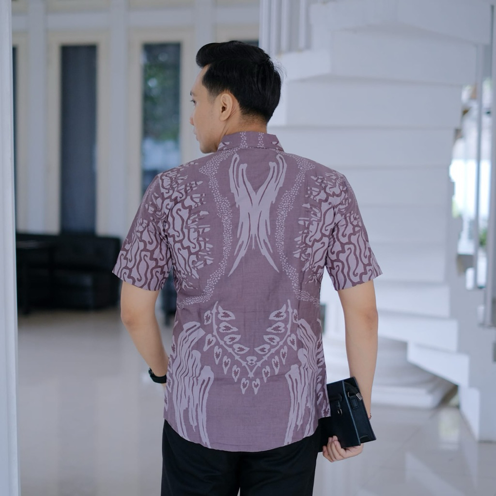 Kemeja batik pria Slimfit panjang pendek motif Permana lavender bahan katun berlapis furing premium