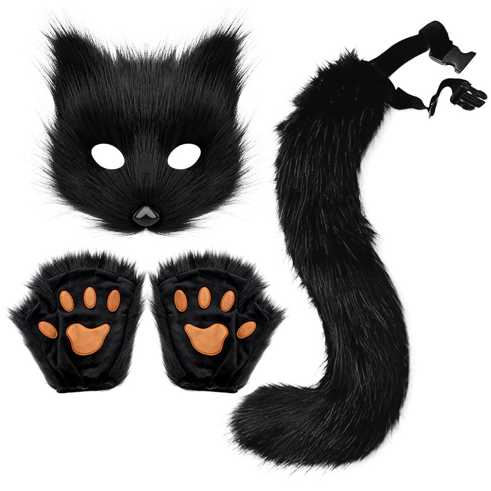 1 Set Aksesori Rubah Realistis / Fox Mask Gloves Tail Set | Topeng Cosplay Hewan, Sarung Tangan Furr