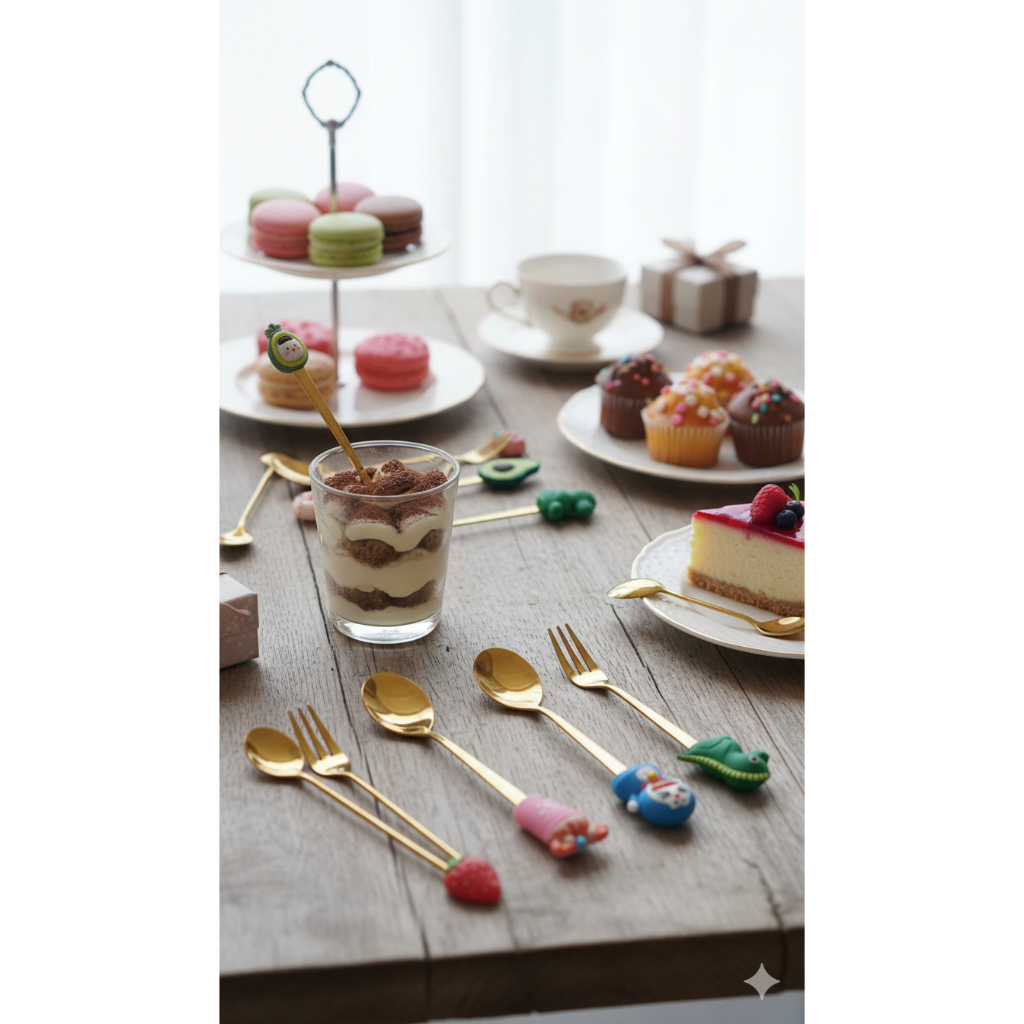 Sendok Garpu Lucu Dessert kecil karakter anak imut Buah cake Gold Stainless Kopi Buah Kue