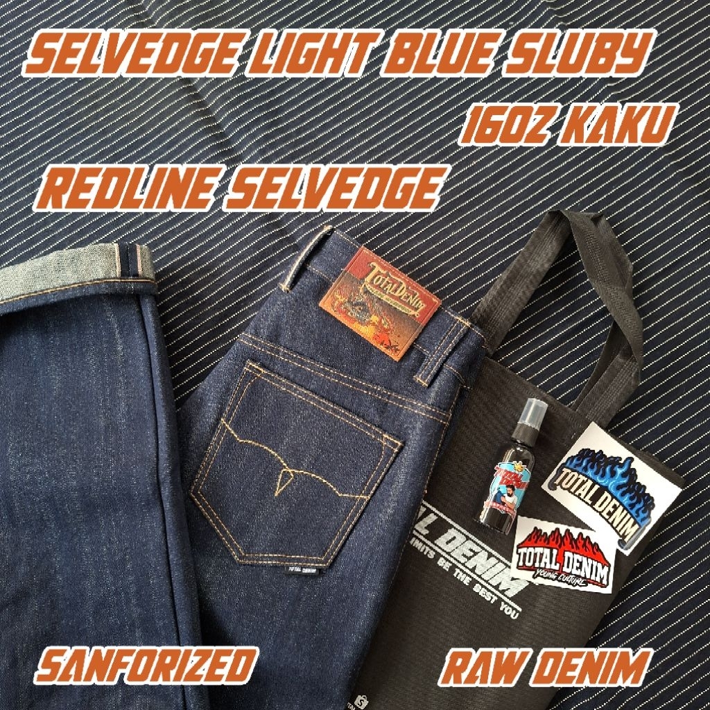 TOTAL DENIM selvedge light blue sluby 16oz redline raw denim celana selvedge