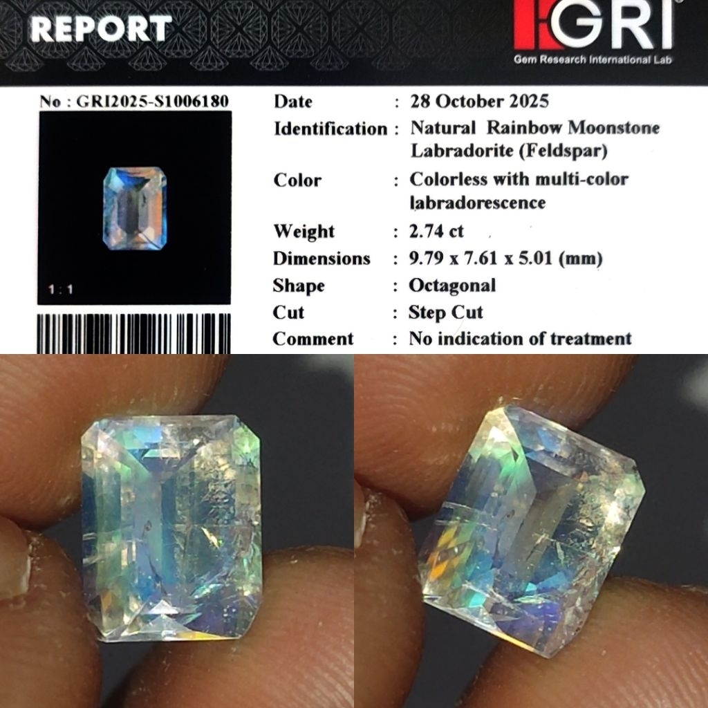 Natural Rainbow Multicolor Moonstone 2.7ct GRI Material Crystall Full Luster Pelangi Siang Malam Nic