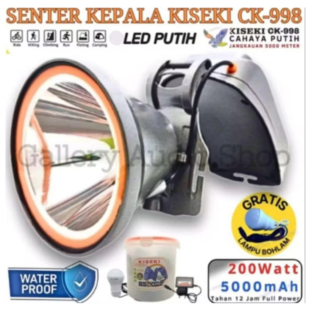 Senter Kepala Super Terang Kiseki 200Watt CK-1998 Jumbo King Bonus Bohlam LED Senter Kepala